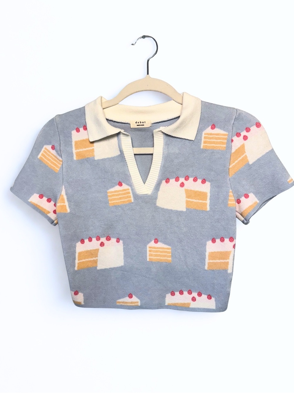 debut Baby Blue Knit Polo Crop Top with Cake Motif